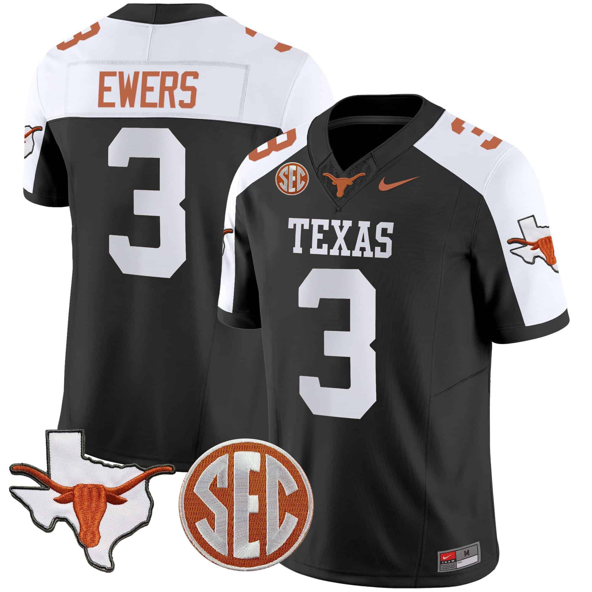 Men Texas Longhorns 3 Ewers Black 2024 Nike State Map & SEC Patch Vapor NCAA Jersey